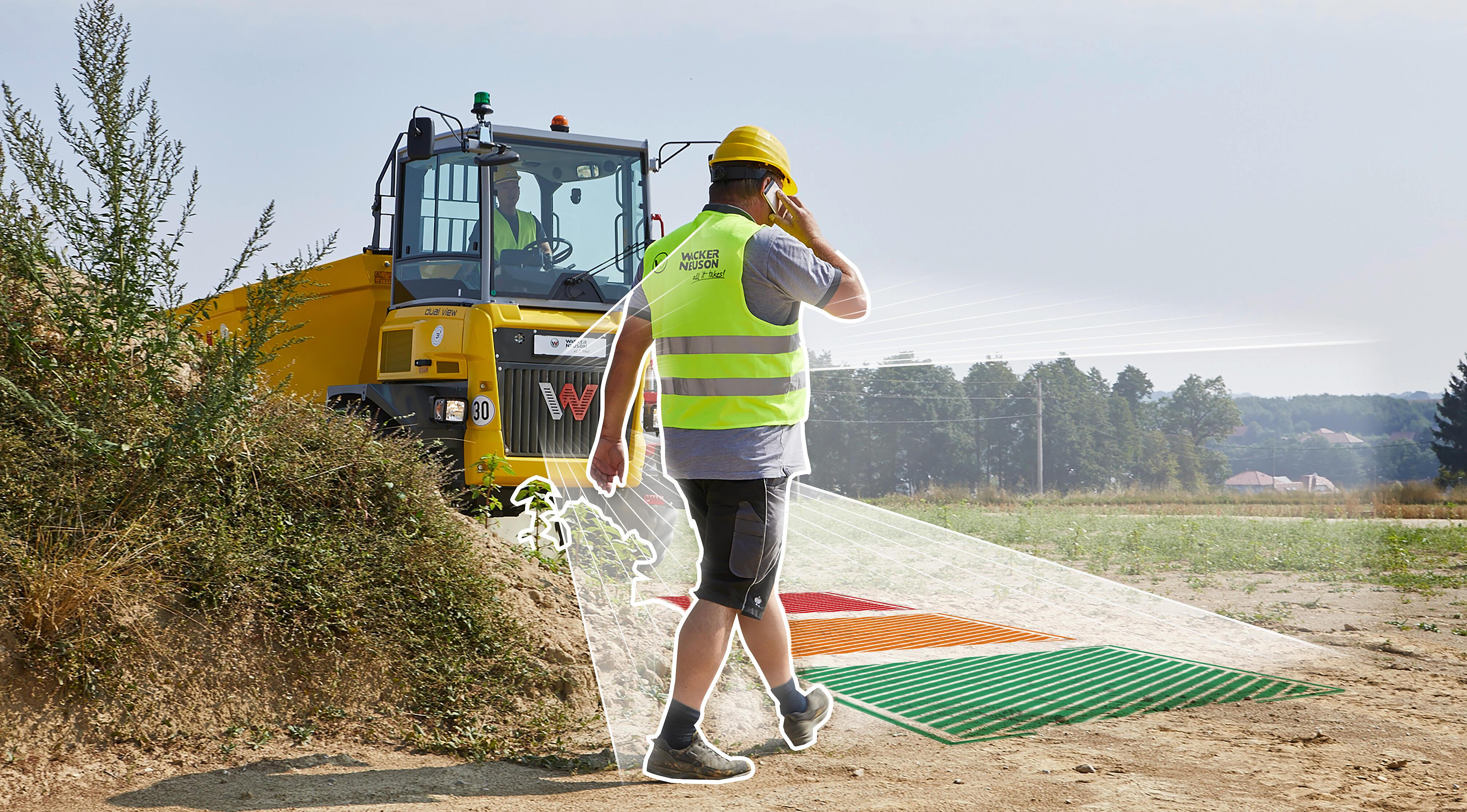 man walking in front of dumper. presentation of Object detection for dumpers