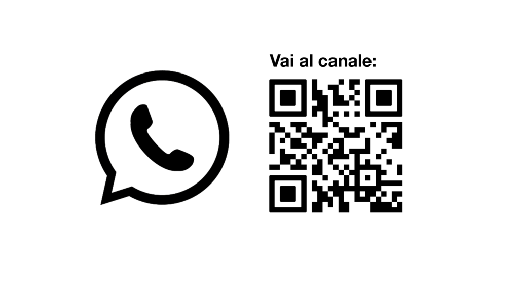 Logo WhatsApp nero a forma di fumetto con cornetta telefonica a sinistra, accanto a un codice QR in bianco e nero che rimanda al canale WhatsApp.