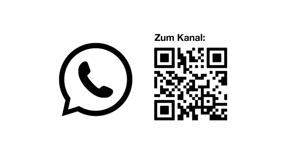 Schwarzes WhatsApp-Logo in Form einer Sprechblase mit Telefonhörer links, daneben ein schwarz-weißer QR-Code, der zu einem WhatsApp-Kanal führt.