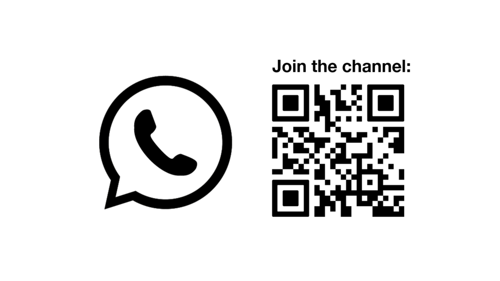 Black WhatsApp logo in the form of a speech bubble with a telephone receiver on the left, next to it a black and white QR code that leads to a WhatsApp channel.